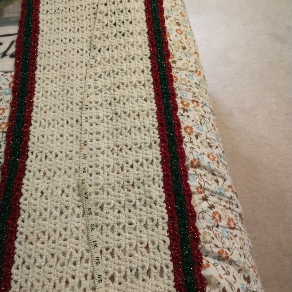 Hand Crafted Table Runner Crochet Long Sparkling Rectangle 62 inch White Red